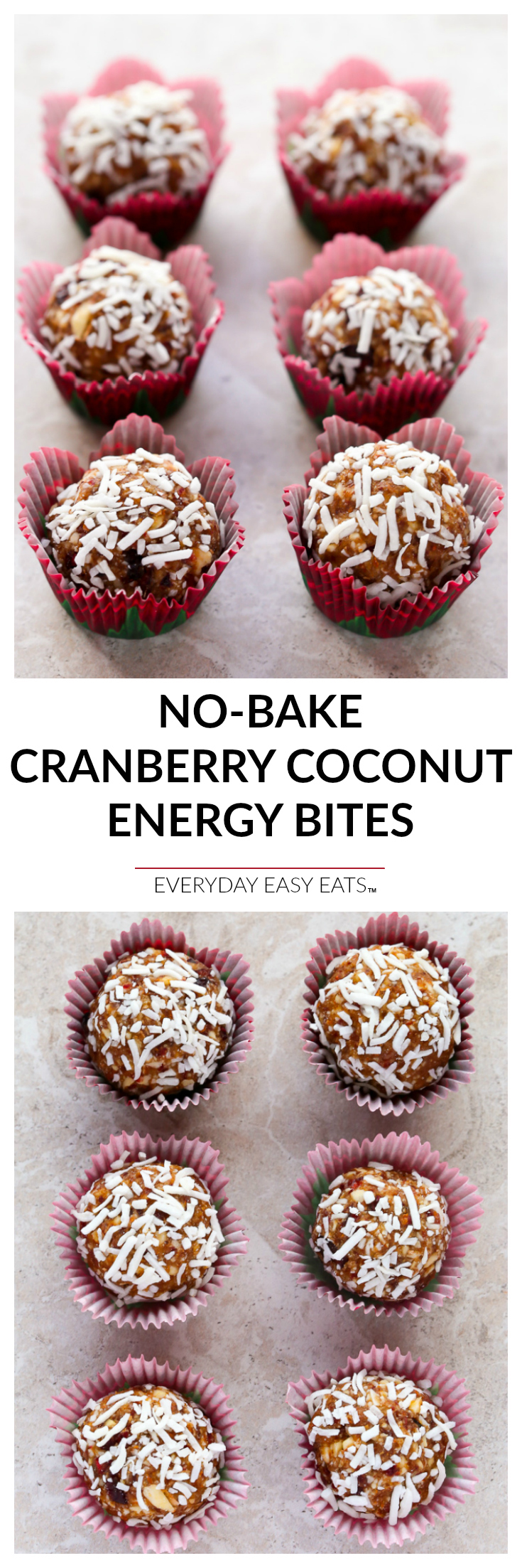 5-ingredient, No-bake Coconut Cranberry Energy Bites | Recipe at EverydayEasyEats.com