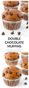 Double Chocolate Muffins - Moist, fudgy cocoa muffins studded with chocolate chips. Chocolate-lovers rejoice! | EverydayEasyEats.com