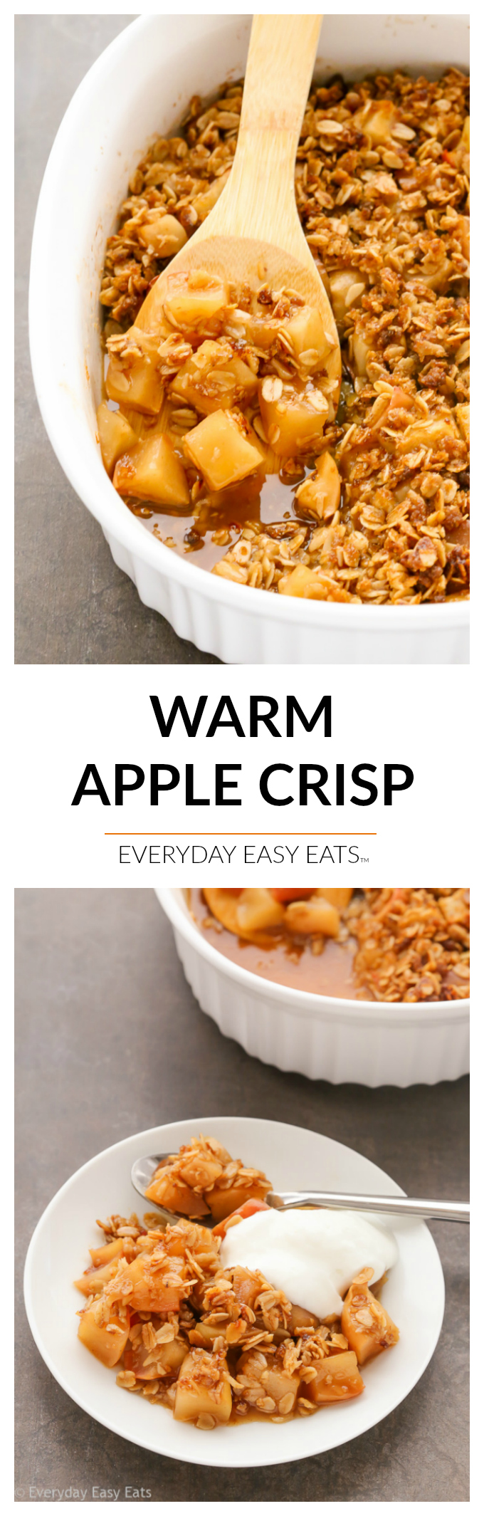 This Easy Gluten-Free Apple Crisp recipe is made with tender, juicy apples under a crunchy, flourless brown sugar-oat topping. The best apple crisp recipe ever!| EverydayEasyEats.com