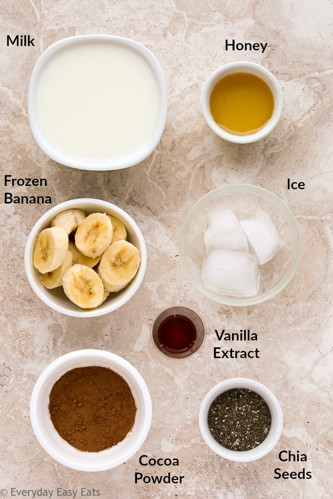 Overhead view of Healthy Chocolate Milkshake ingredients in white bowls with text labels on a light background.