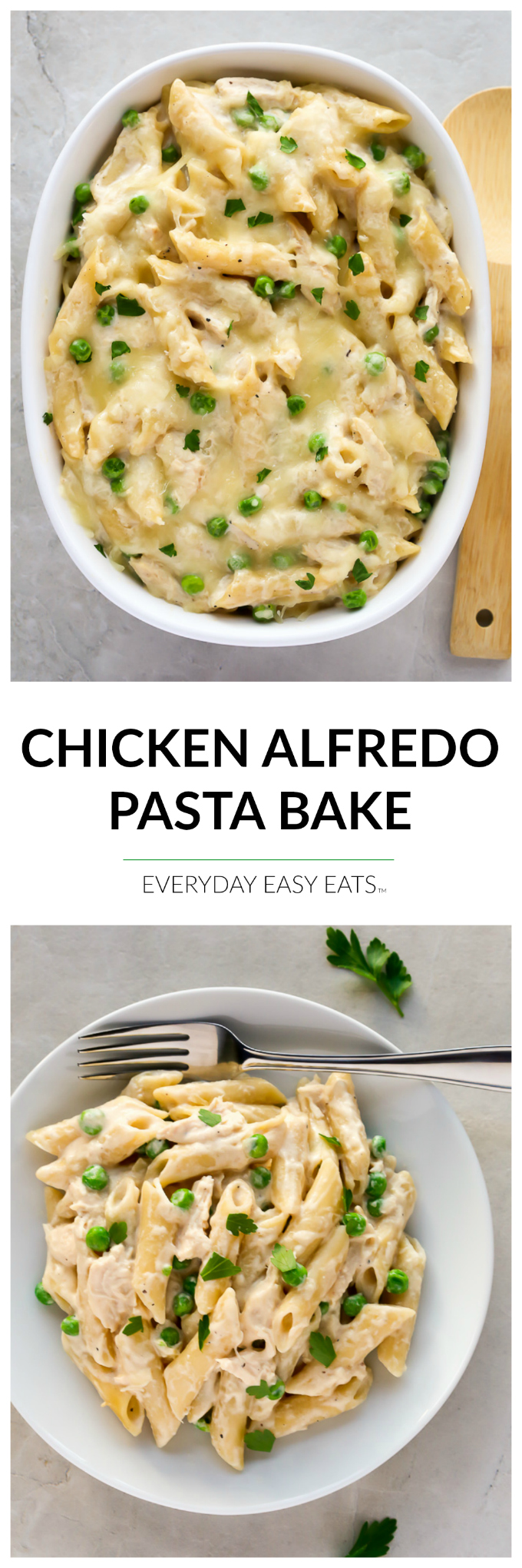 This Chicken Alfredo Pasta Bake recipe requires only 6 ingredients and is ready to eat in about a half an hour! | EverydayEasyEats.com