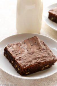 Overhead view of Brownies Without Chocolate in white plates with a glass of milk on a neutral background.