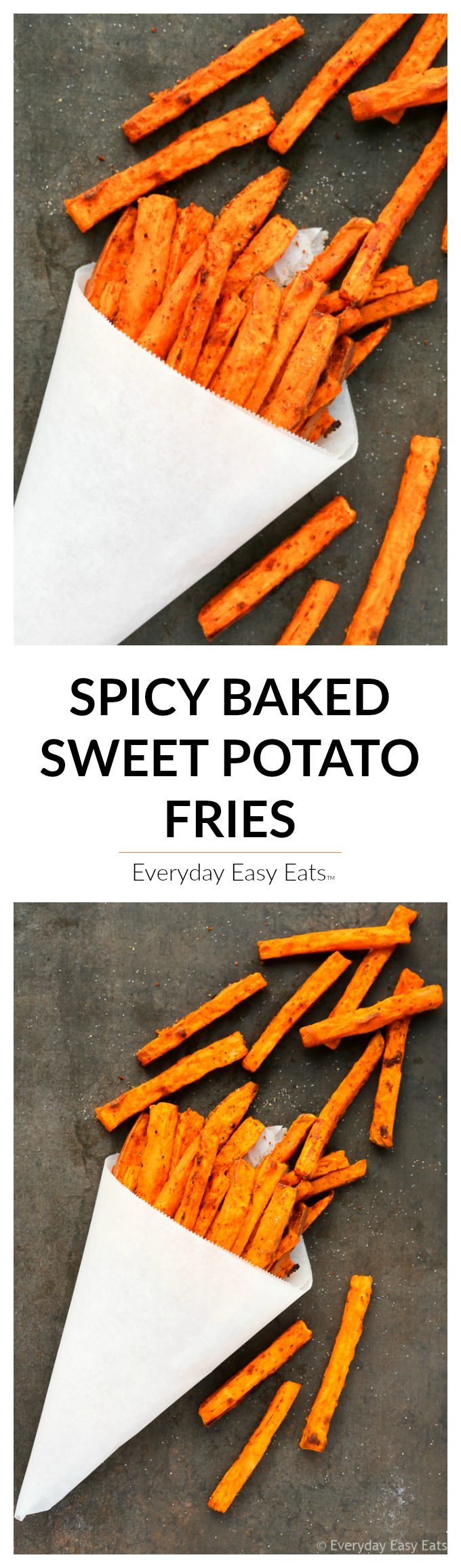 Spicy Baked Sweet Potato Fries - A tasty side, appetizer, or snack that is paleo, vegan and so simple to make! | EverydayEasyEats.com