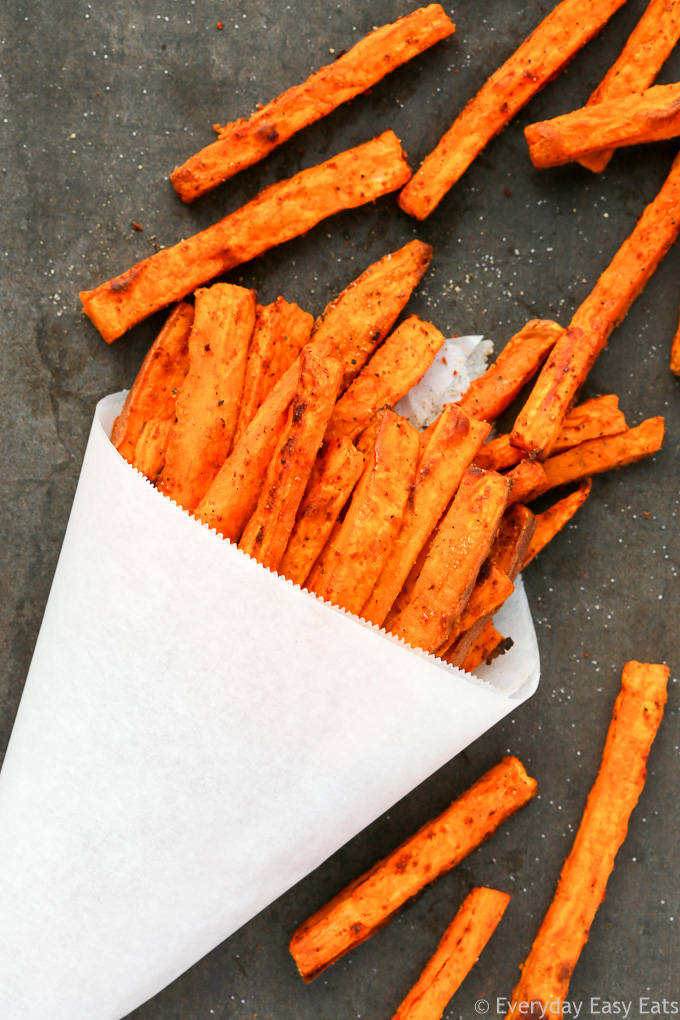 Overhead view of Sweet Potato Fries Without Cornstarch on a dark background.