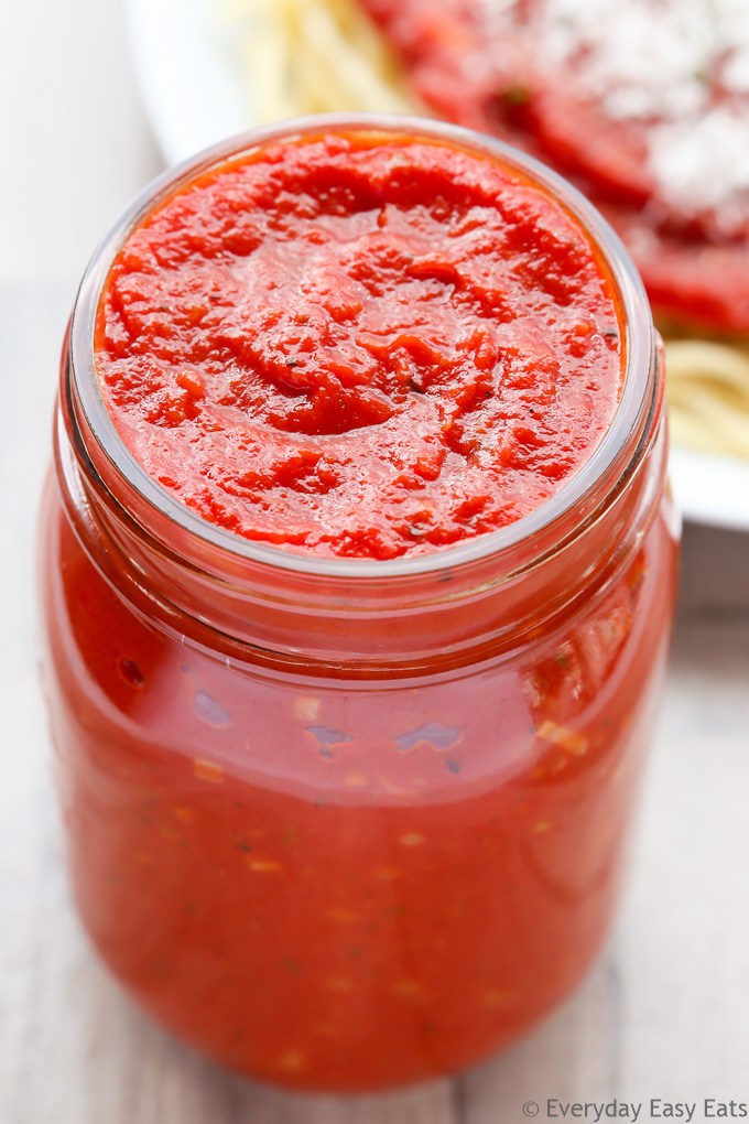 Close-up overhead view of Quick Marinara Sauce in a glass mason jar.