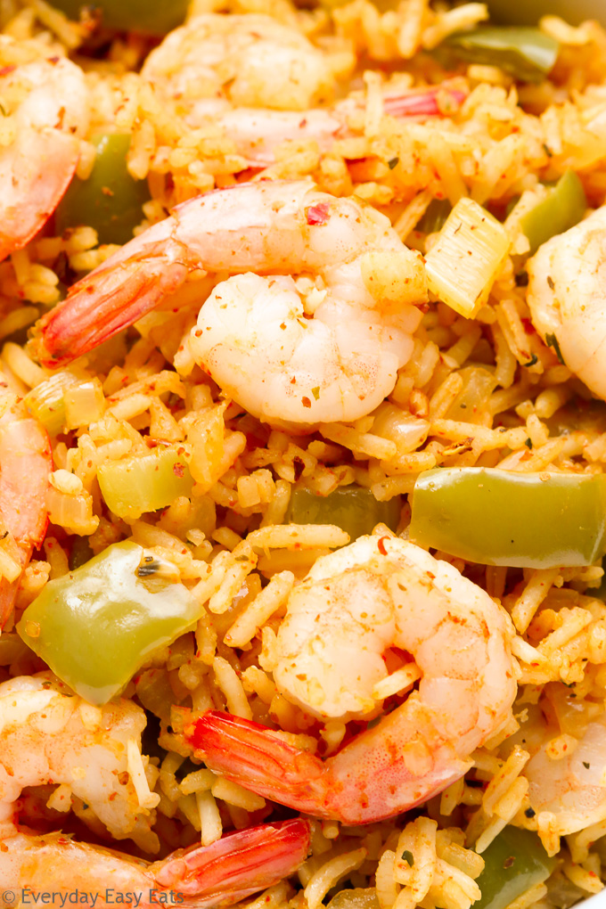 Close-up overhead view of One-Pot Cajun Shrimp and Rice.