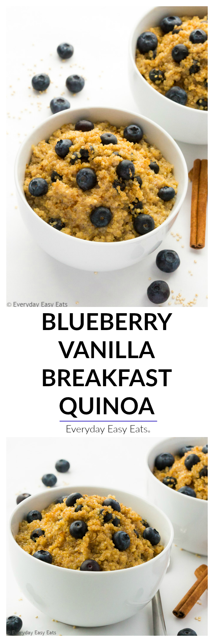 This easy Blueberry Vanilla Breakfast Quinoa is high in protein and gluten-free! | Recipe at EverydayEasyEats.com