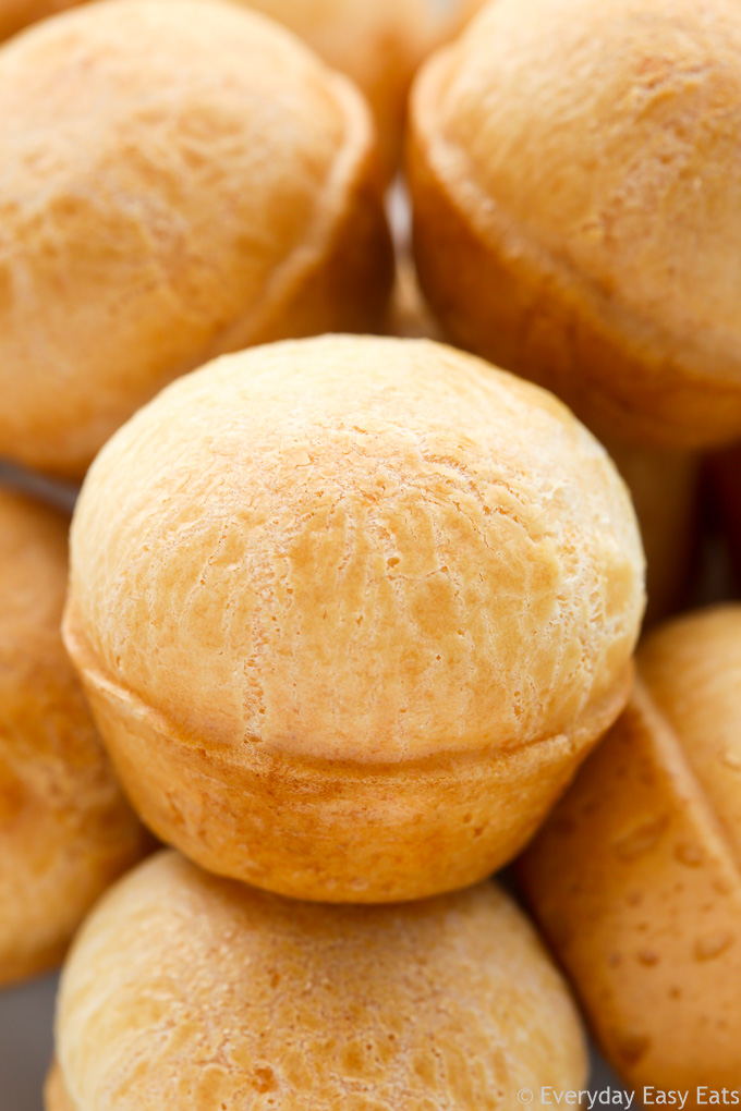 Close-up side view of Brazilian Cheese Bread (Pão de Queijo).