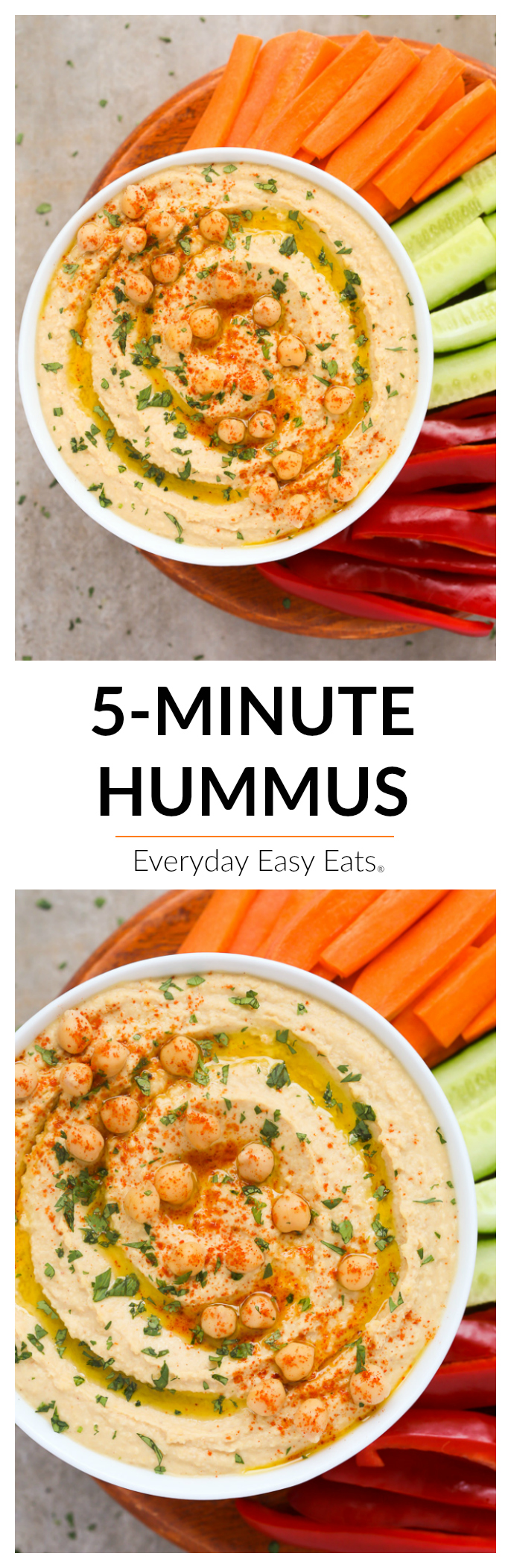 This Classic Hummus recipe is so simple to make and is much tastier than anything you can buy from the store. Vegan, gluten-free and ready to eat in just 5 minutes! | EverydayEasyEats.com