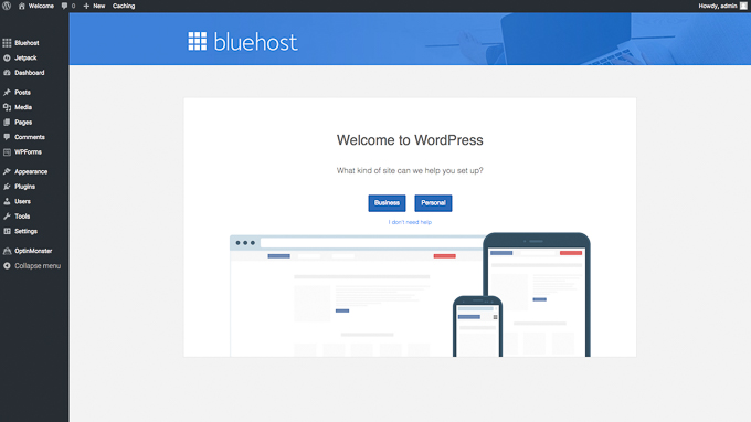 How to Start a Food Blog - A Step-by-Step Guide: Welcome to WordPress dashboard in Bluehost