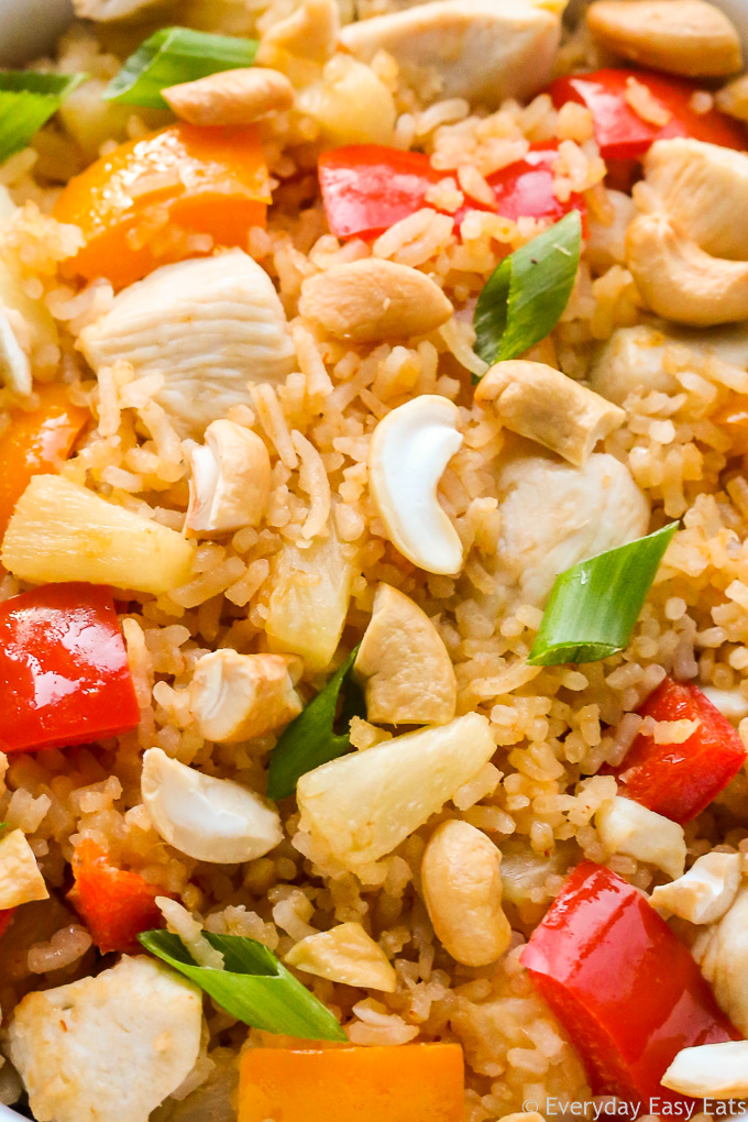 Zoomed-in, very close-up overhead view of Pineapple Chicken Coconut Rice.