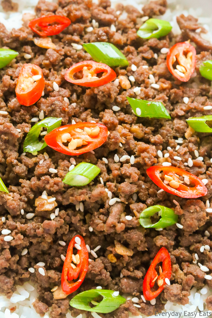 Very close-up overhead view of Bulgogi Ground Beef to show texture