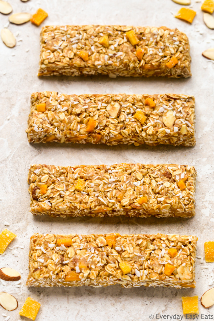 Overhead view of Healthy Mango Coconut Granola Bars on a neutral background