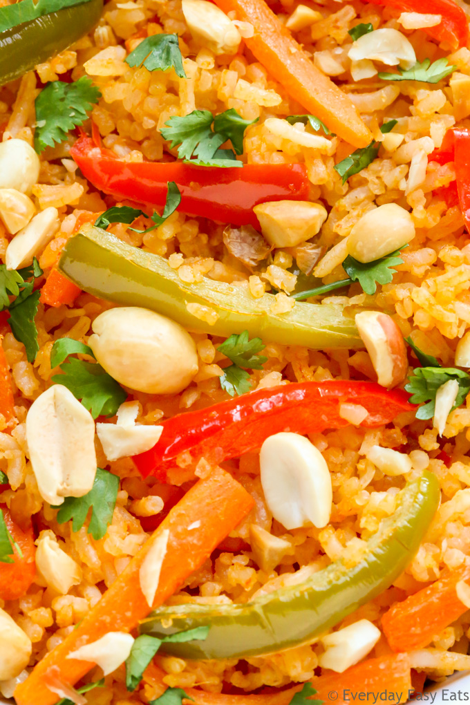 Zoomed-in close-up view of Thai Red Curry Rice.