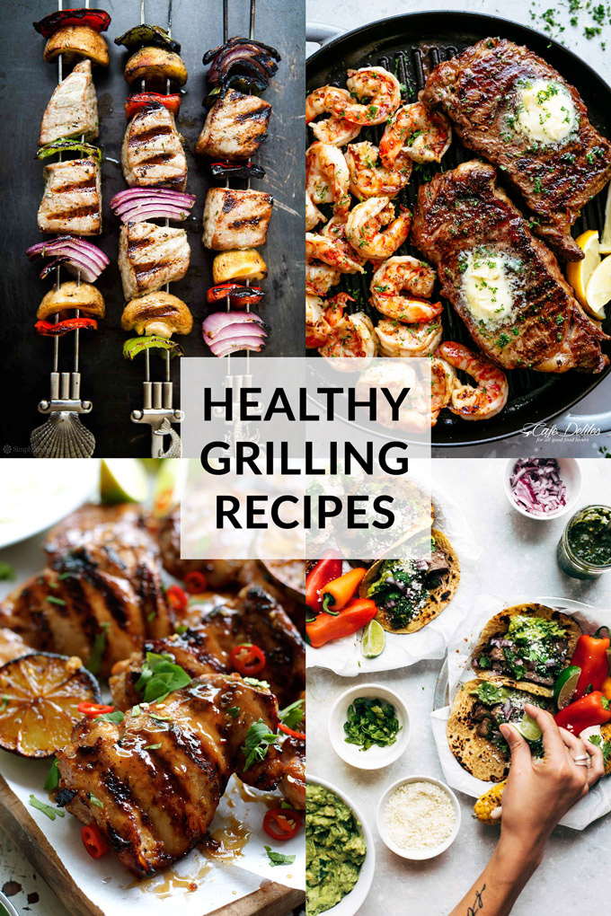 Healthy Grilled Meat Recipes for Summer Collage with title text overlay