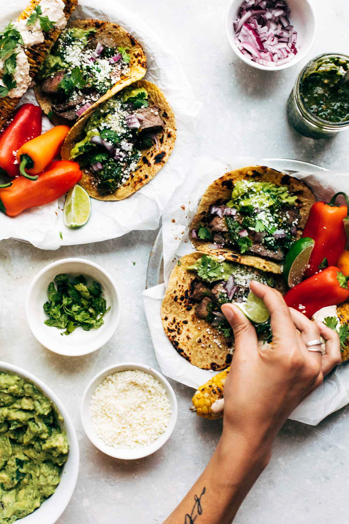 Healthy Grilled Meat Recipes for Summer: Overhead view of Rockin’ Chimichurri Steak Tacos in plate.