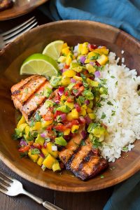 Healthy Grilling Recipes: Grilled Lime Salmon with Avocado-Mango Salsa and Coconut Rice