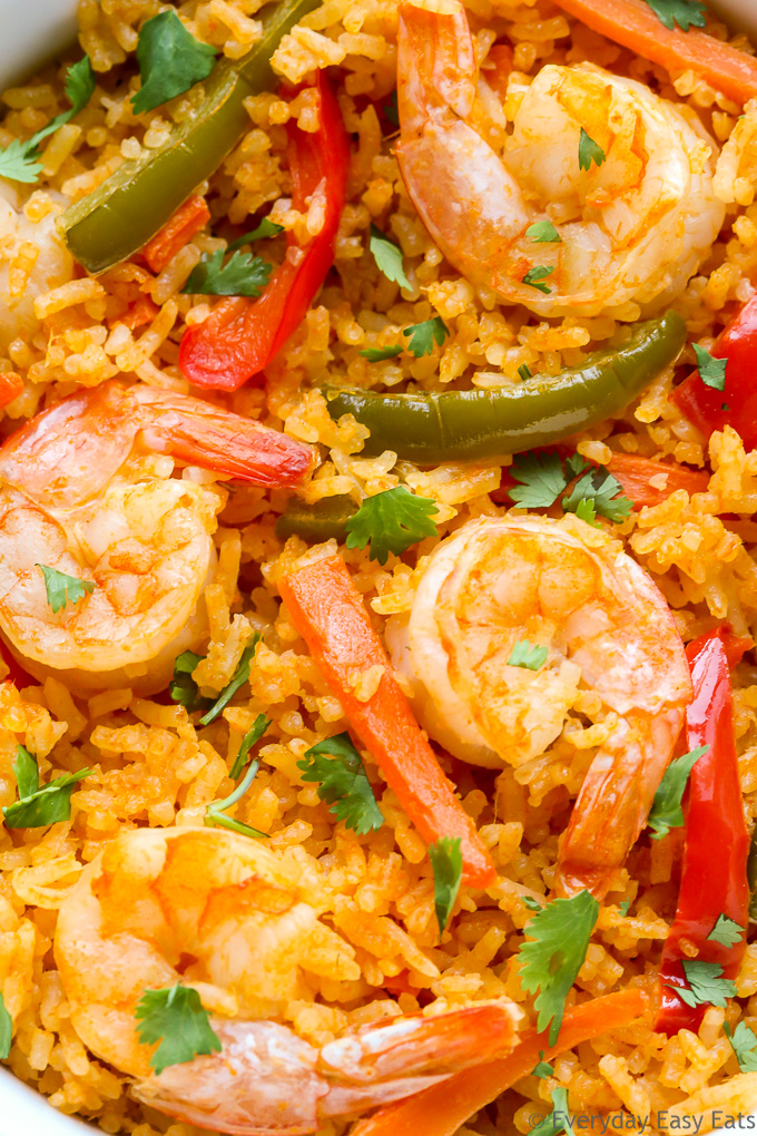 Easy Asian Rice Recipes for Dinner: Very close-up overhead view of Thai Coconut Curry Shrimp and Rice