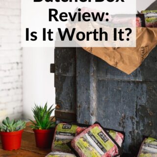 ButcherBox Review: Freezer containing ButcherBox frozen ground beef packages with title text overlay.