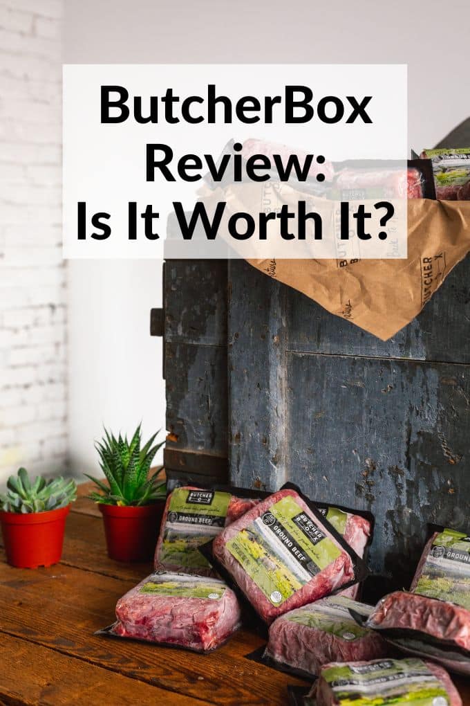 ButcherBox Review: Freezer containing ButcherBox frozen ground beef packages with title text overlay.