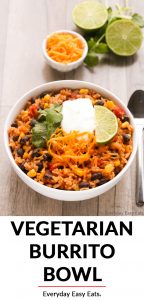 Vegetarian Burrito Bowl image with title text overlay.
