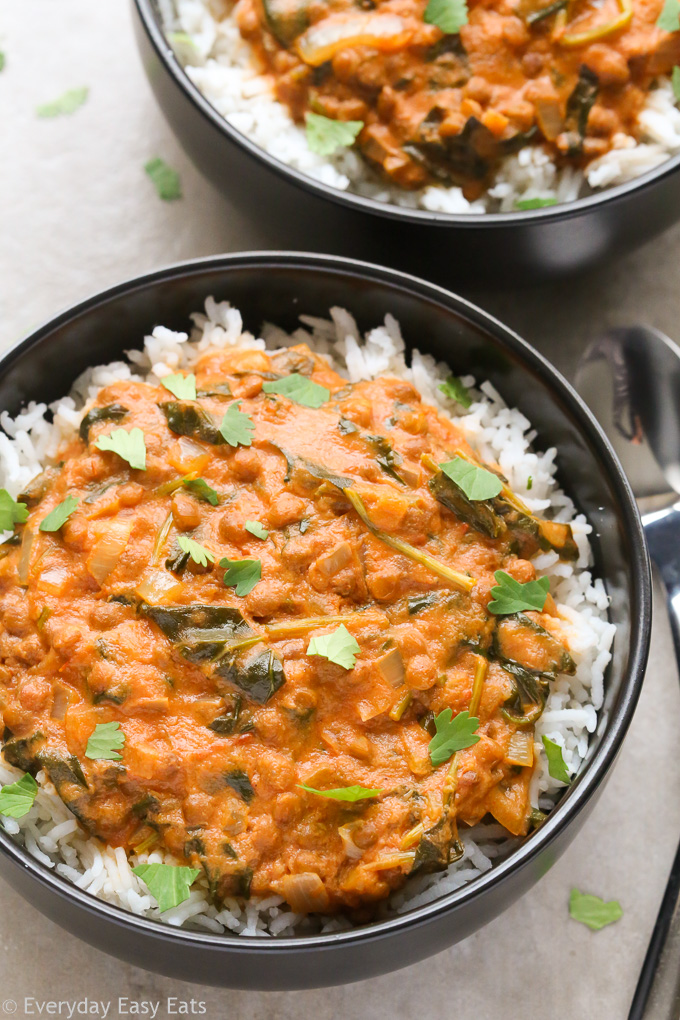 Close-up overhead view of a bowl of Coconut Lentil Curry on a neutral background.