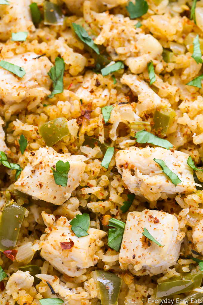 Very close-up overhead view of Cajun Chicken and Rice.