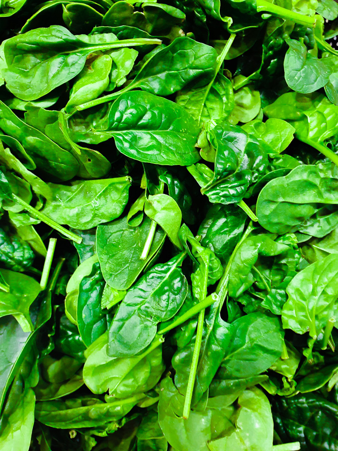 Close-up overhead view of fresh spinach leaves used to make a green protein shake.