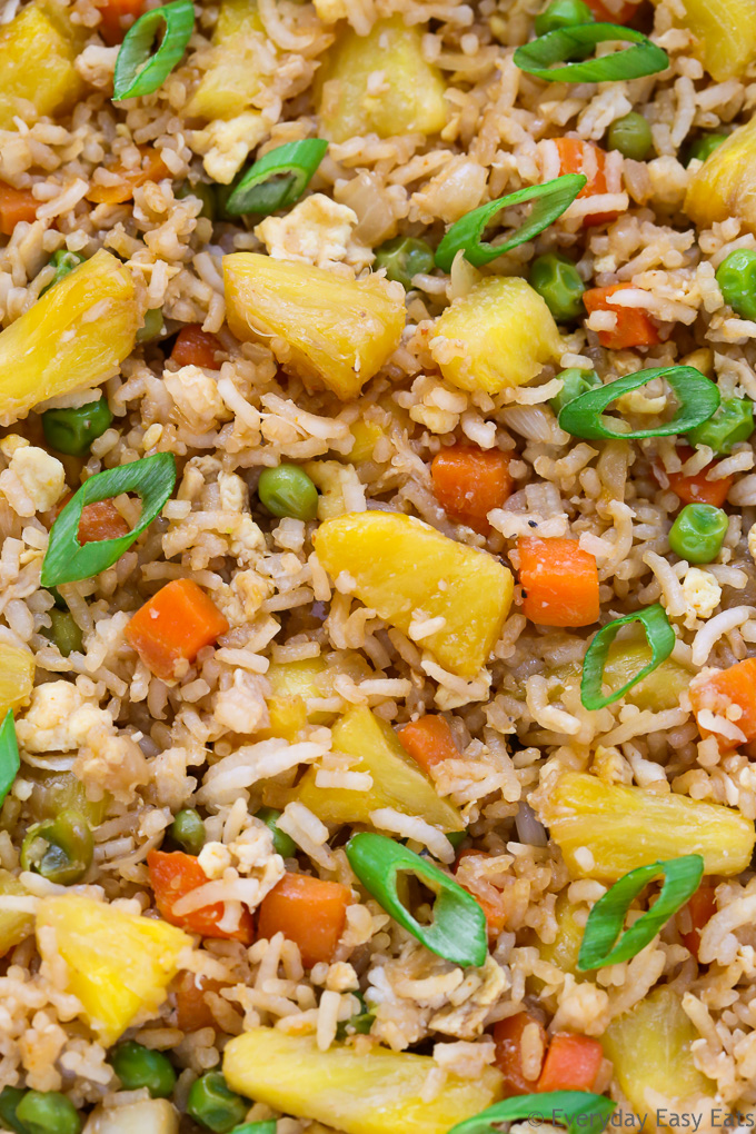 Very close-up, zoomed-in overhead view of Pineapple Fried Rice.