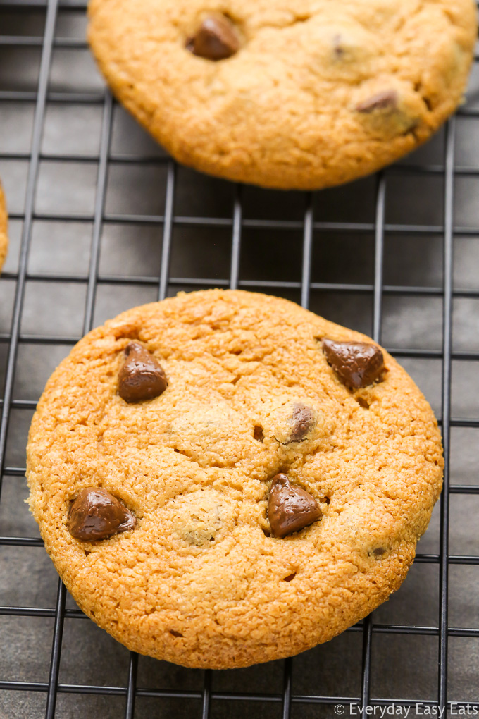 Close-up overhead view of Peanut Butter Cookies Without Brown Sugar on a wire cooling rack.