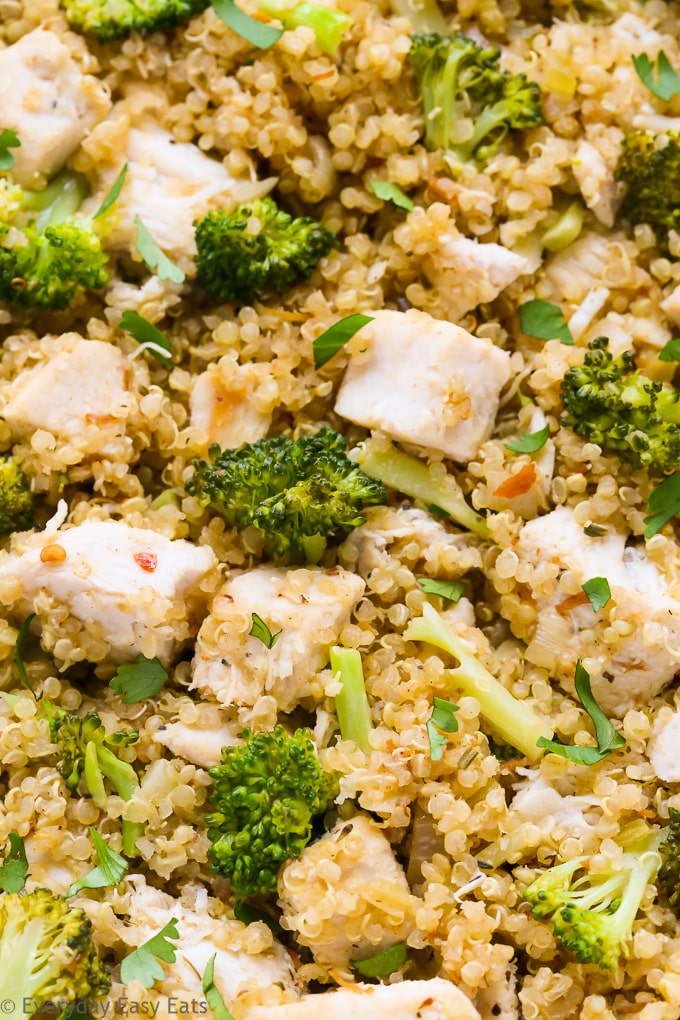 Zoomed-in overhead view of Chicken Broccoli Quinoa to show texture.