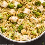 Close-up overhead view of Chicken Broccoli Quinoa in a silver skillet with title text overlay.