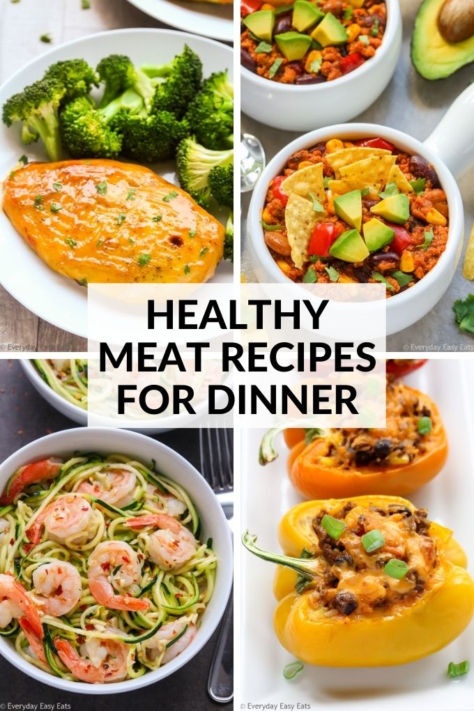 Healthy Meat Recipes for Dinner photo collage with title text overlay.